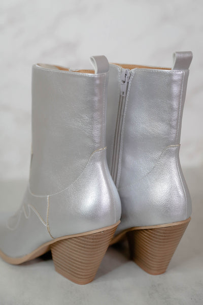 Chic Western Style Boots- Silver Metallic Booties- Mid Calf Booties- Nashville Boots