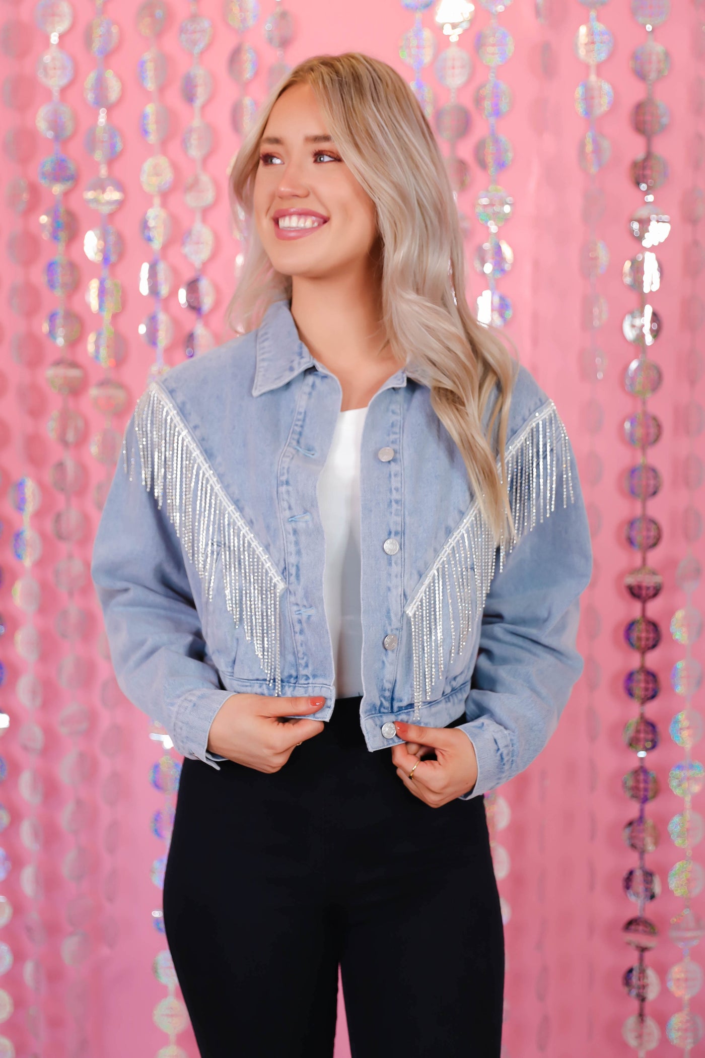 Denim Rhinestone Jacket- Rhinestone Fringe Jacket- Bling Denim Jacket- Blue B Jacket