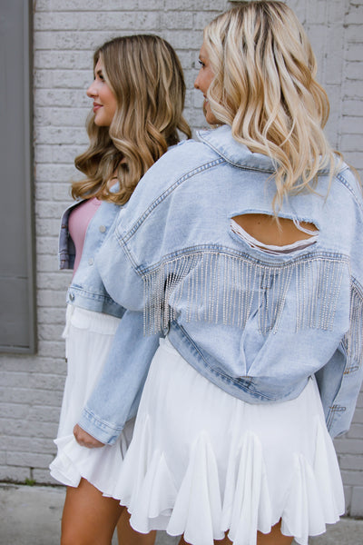 Rhinestone Denim Jacket- Rhinestone Fringe Denim Jacket- Nashville Outfit Ideas- Blue B Rhinestone Jacket