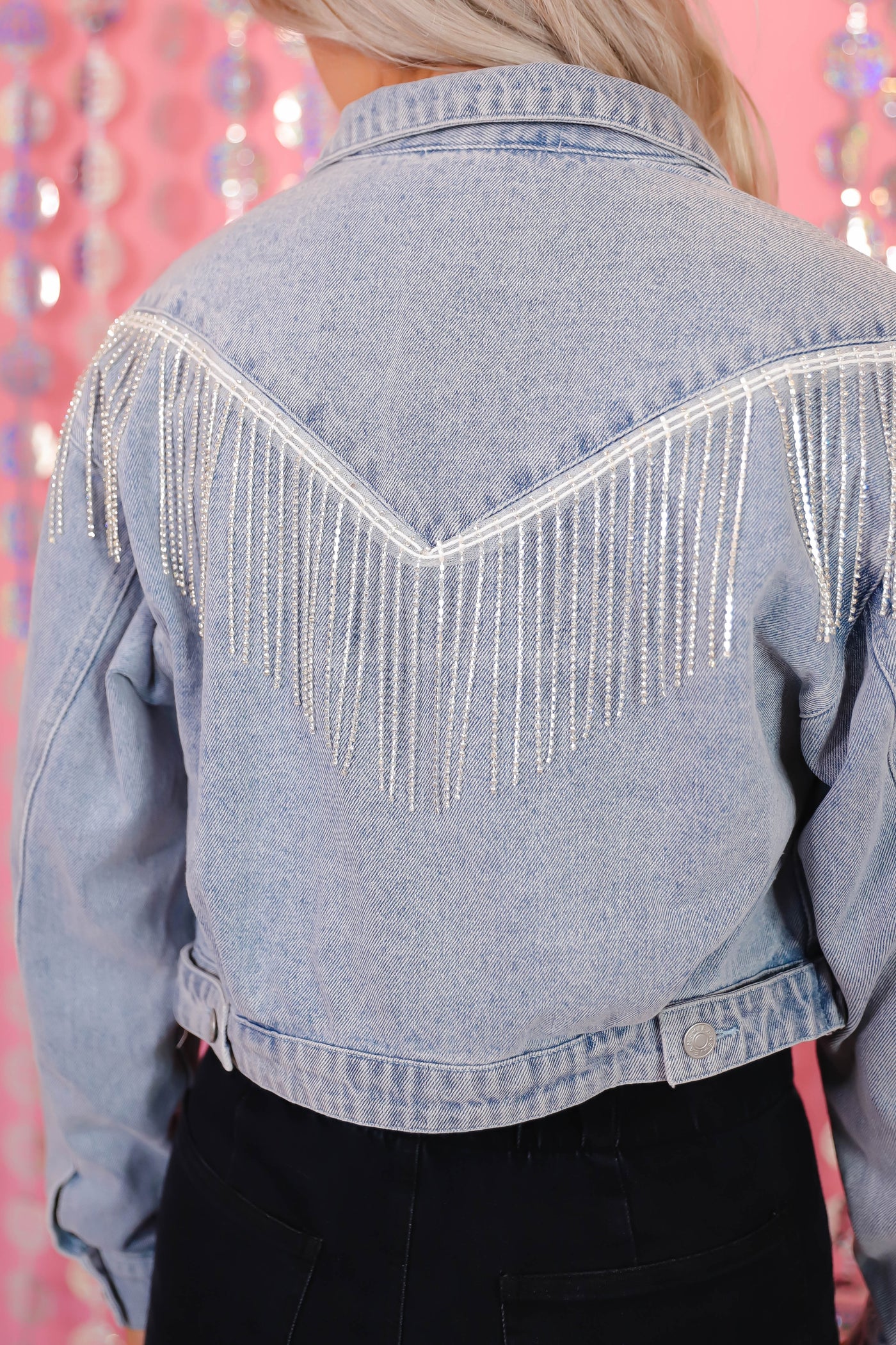 Denim Rhinestone Jacket- Rhinestone Fringe Jacket- Bling Denim Jacket- Blue B Jacket