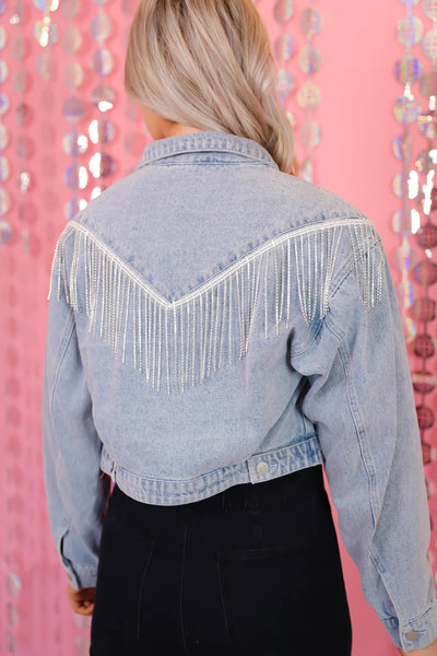 Denim Rhinestone Jacket- Rhinestone Fringe Jacket- Bling Denim Jacket- Blue B Jacket