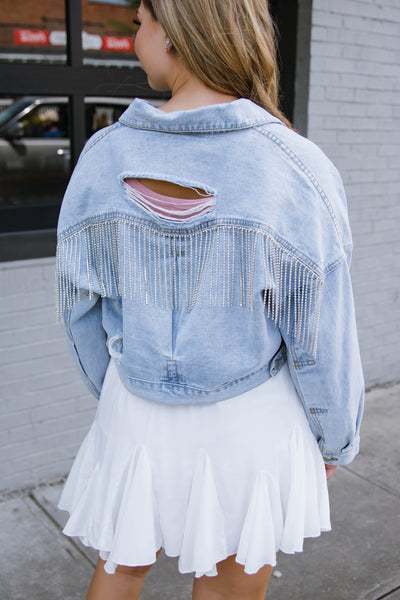 Rhinestone Denim Jacket- Rhinestone Fringe Denim Jacket- Nashville Outfit Ideas- Blue B Rhinestone Jacket