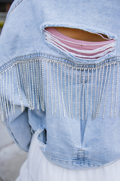 Rhinestone Denim Jacket- Rhinestone Fringe Denim Jacket- Nashville Outfit Ideas- Blue B Rhinestone Jacket