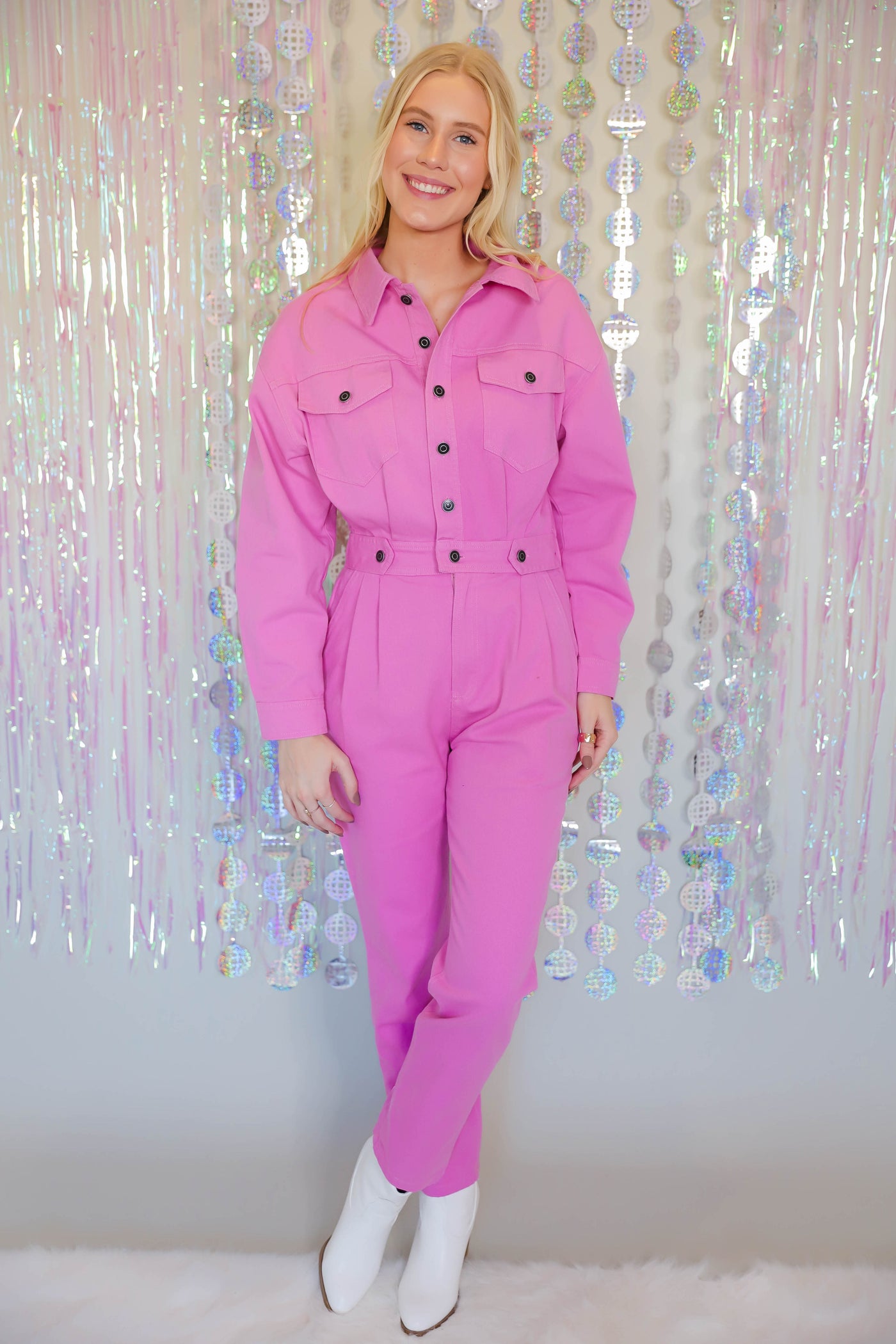 Pink Denim Jumpsuit- Long Sleeve Pink Jumpsuit- Women's Pink Utility Jumpsuit