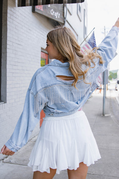 Rhinestone Denim Jacket- Rhinestone Fringe Denim Jacket- Nashville Outfit Ideas- Blue B Rhinestone Jacket