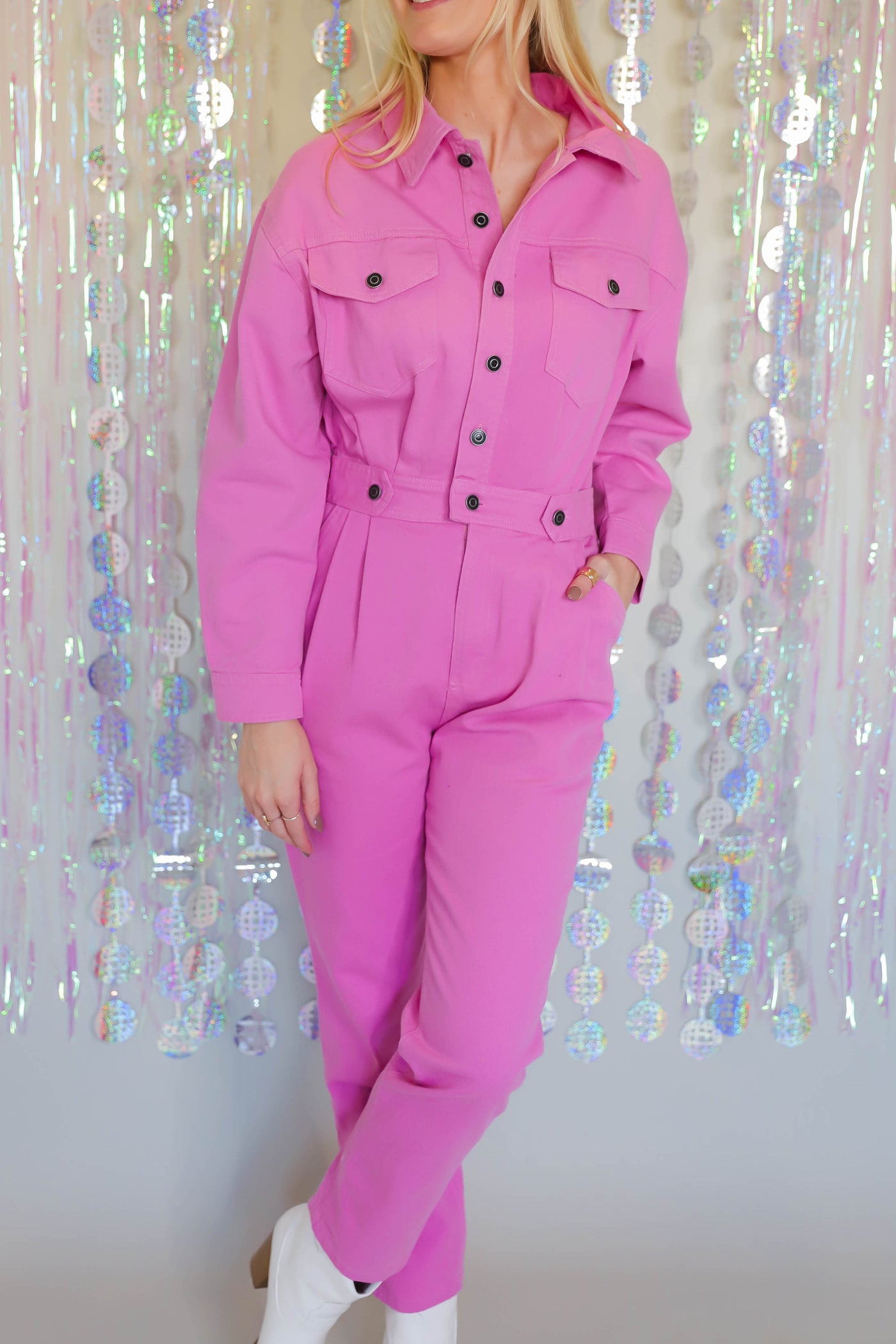 Pink Denim Jumpsuit- Long Sleeve Pink Jumpsuit- Women's Pink Utility Jumpsuit