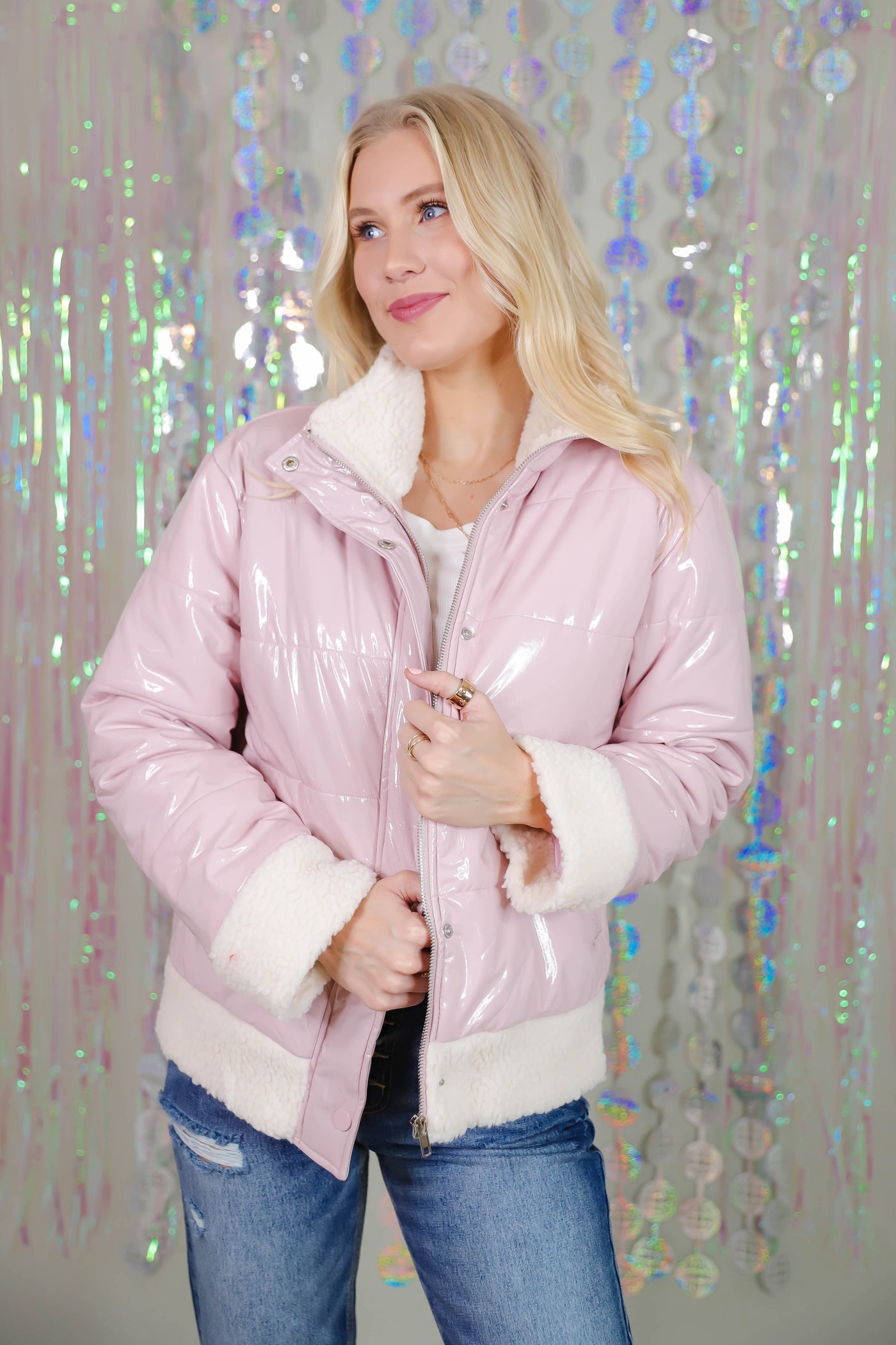 Blush Faux Latex Puffer Jacket- Sherpa Trimmed Puffer Jacket- Women's Trendy Pink Puffer Coat