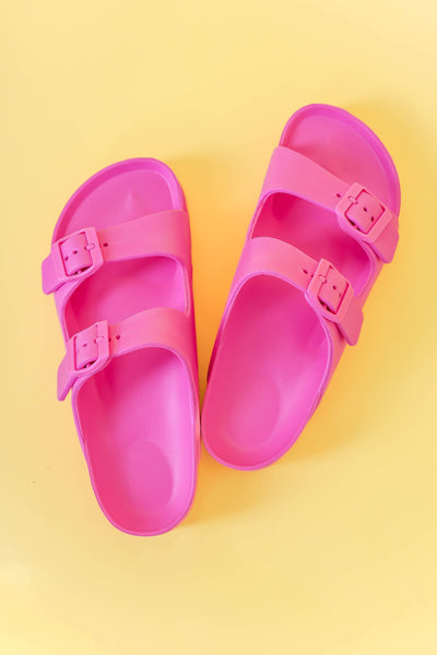 Pink Buckle Double Strap Slide- Women's Double Strap Slide Sandel- Pink Buckle Slides