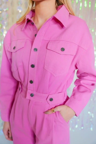 Pink Denim Jumpsuit- Long Sleeve Pink Jumpsuit- Women's Pink Utility Jumpsuit