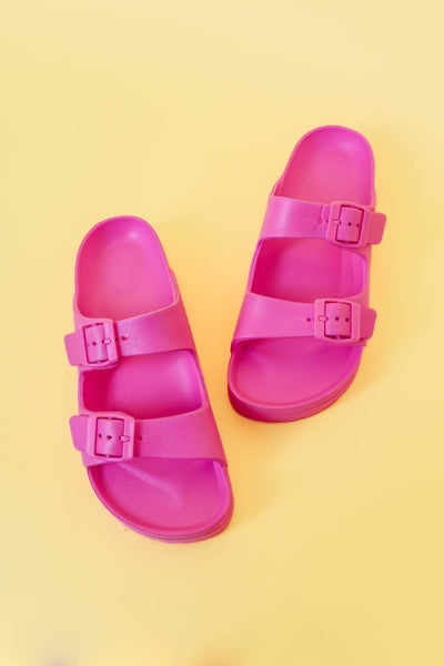 Pink Buckle Double Strap Slide- Women's Double Strap Slide Sandel- Pink Buckle Slides