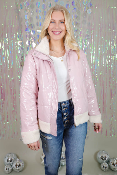 Blush Faux Latex Puffer Jacket- Sherpa Trimmed Puffer Jacket- Women's Trendy Pink Puffer Coat