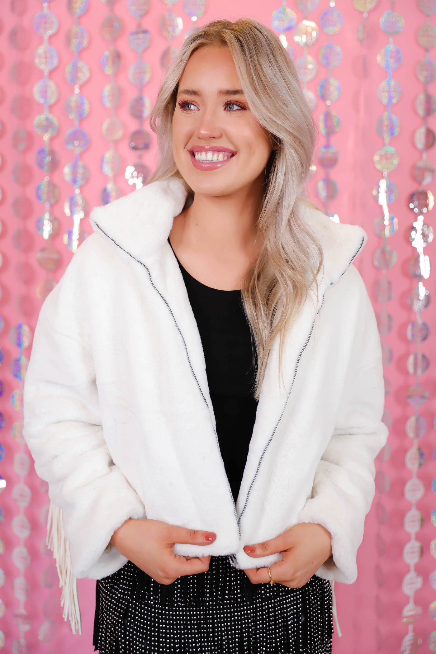 White Faux Fur Jacket- Women's White Fringe Jacket- Fun White Jacket