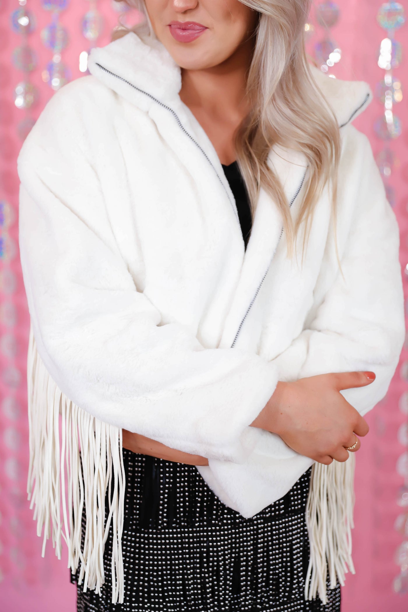 White Faux Fur Jacket- Women's White Fringe Jacket- Fun White Jacket