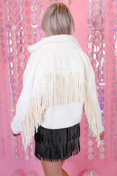 White Faux Fur Jacket- Women's White Fringe Jacket- Fun White Jacket