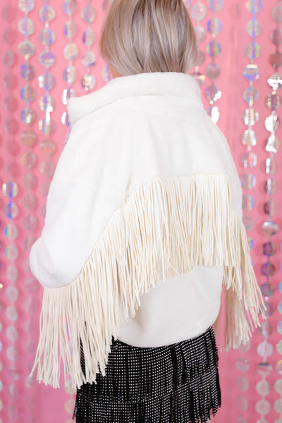 White Faux Fur Jacket- Women's White Fringe Jacket- Fun White Jacket