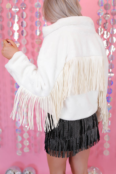 White Faux Fur Jacket- Women's White Fringe Jacket- Fun White Jacket