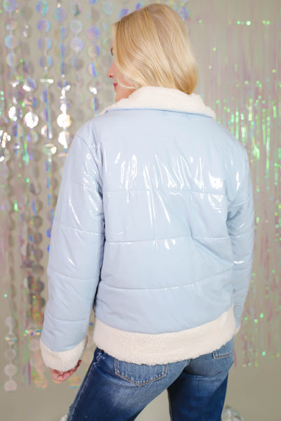 Baby Blue Faux Latex Puffer Jacket- Sherpa Trimmed Puffer Jacket- Women's Trendy Blue Puffer Coat