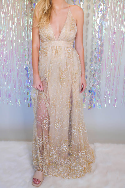 Women's Formal Champagne Maxi Dress- Champagne Maxi With Slit-  Plunging Maxi Dress With Glitter Overlay