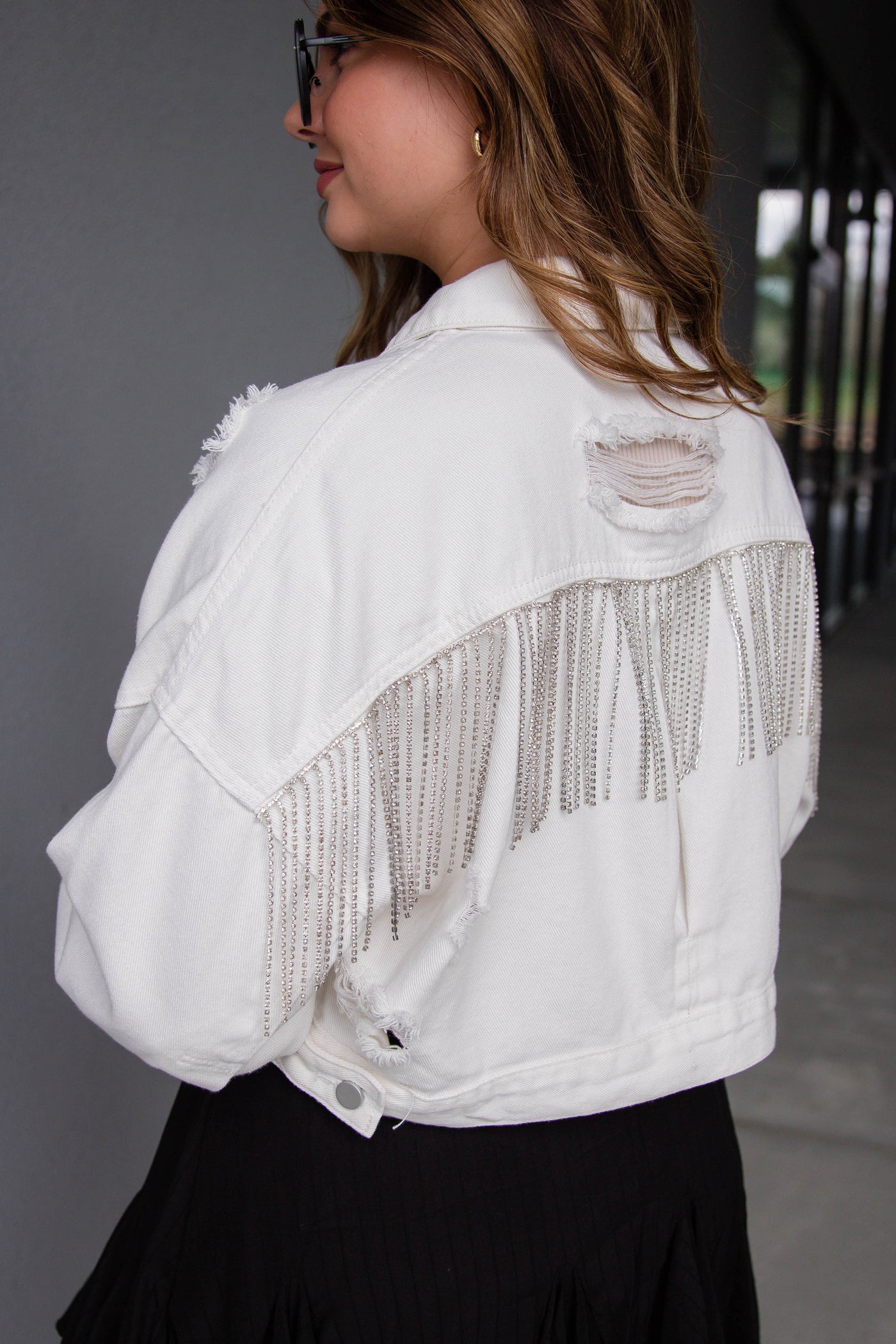 White Rhinestone Denim Jacket- Rhinestone Fringe Denim Jacket- Nashville Outfit Ideas- Blue B Rhinestone Jacket