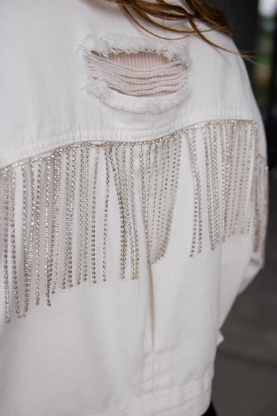 White Rhinestone Denim Jacket- Rhinestone Fringe Denim Jacket- Nashville Outfit Ideas- Blue B Rhinestone Jacket