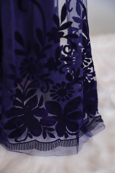 Women's Formal Navy Maxi Dress- Navy Maxi With Slit-  Plunging Maxi Dress Mesh Overlay
