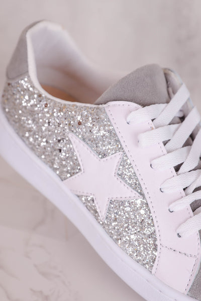 Silver Glitter Sneakers- Women's Star Sneakers- Silver Star Sneakers