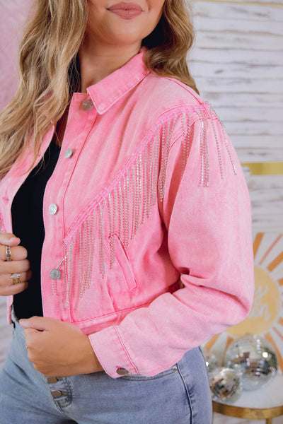 Hot Pink Rhinestone Jacket- Rhinestone Fringe Jacket- Bling Denim Jacket- Blue B Jacket