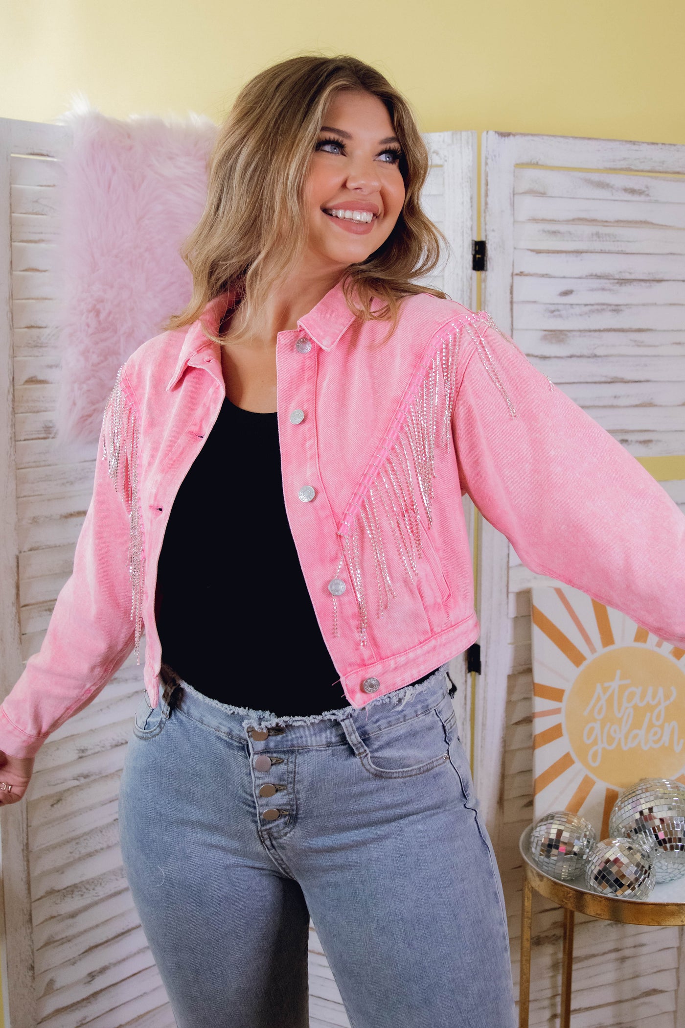 Hot Pink Rhinestone Jacket- Rhinestone Fringe Jacket- Bling Denim Jacket- Blue B Jacket