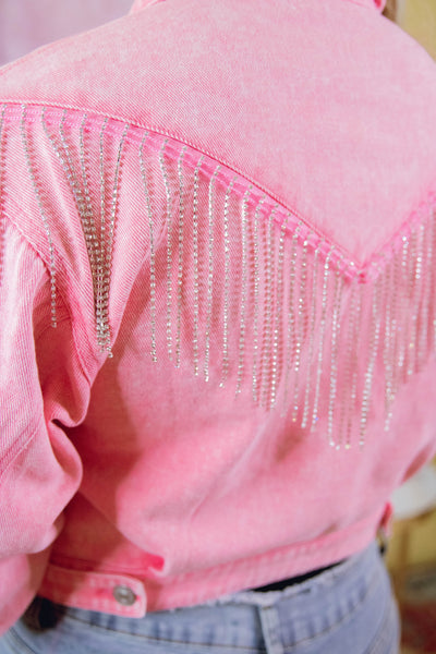 Hot Pink Rhinestone Jacket- Rhinestone Fringe Jacket- Bling Denim Jacket- Blue B Jacket