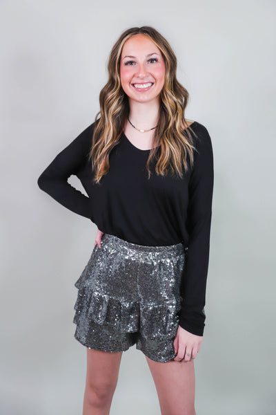 Silver Sequin Shorts- Elastic Sequin Shorts