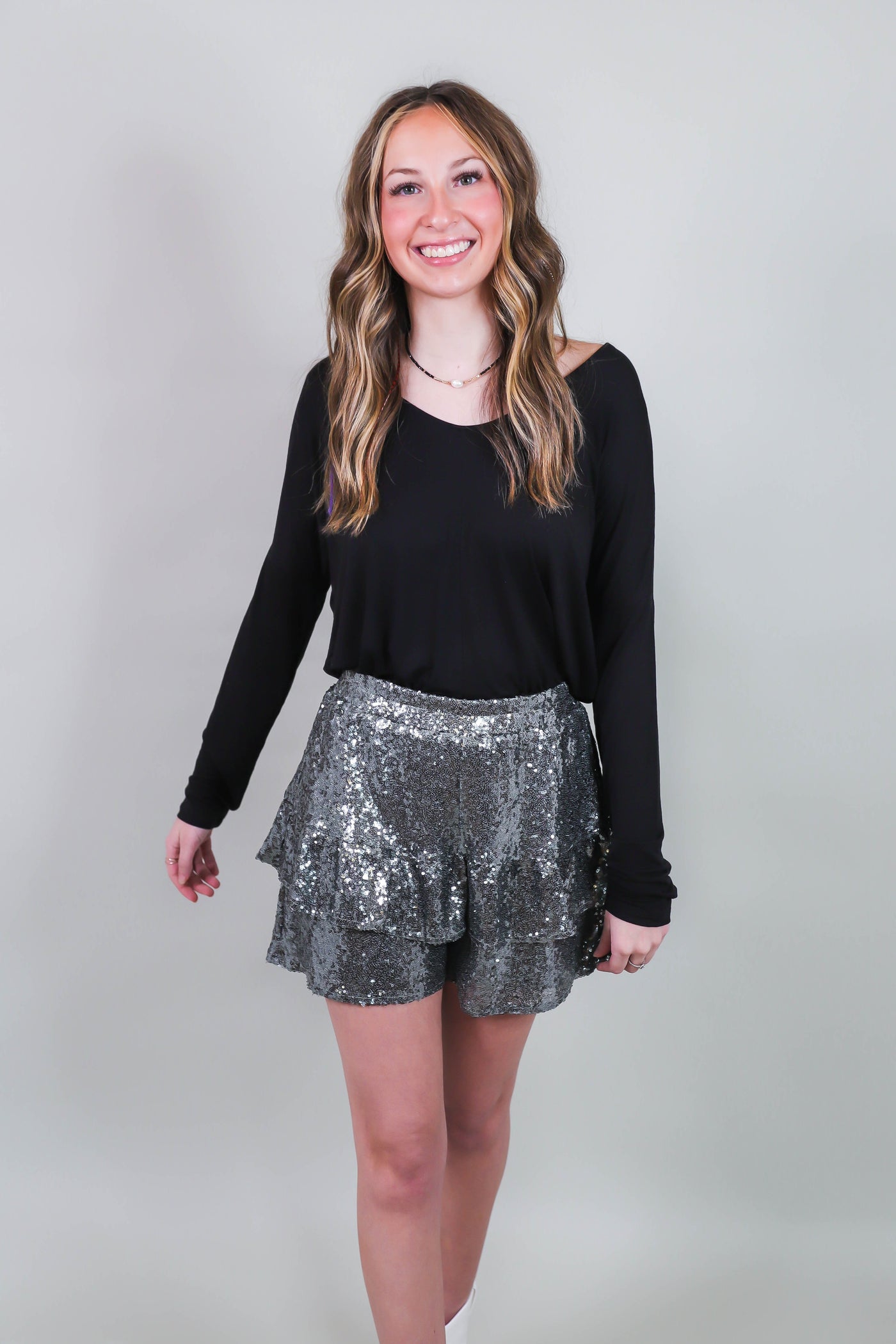 Silver Sequin Shorts- Elastic Sequin Shorts