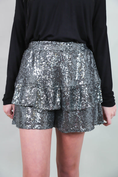 Silver Sequin Shorts- Elastic Sequin Shorts