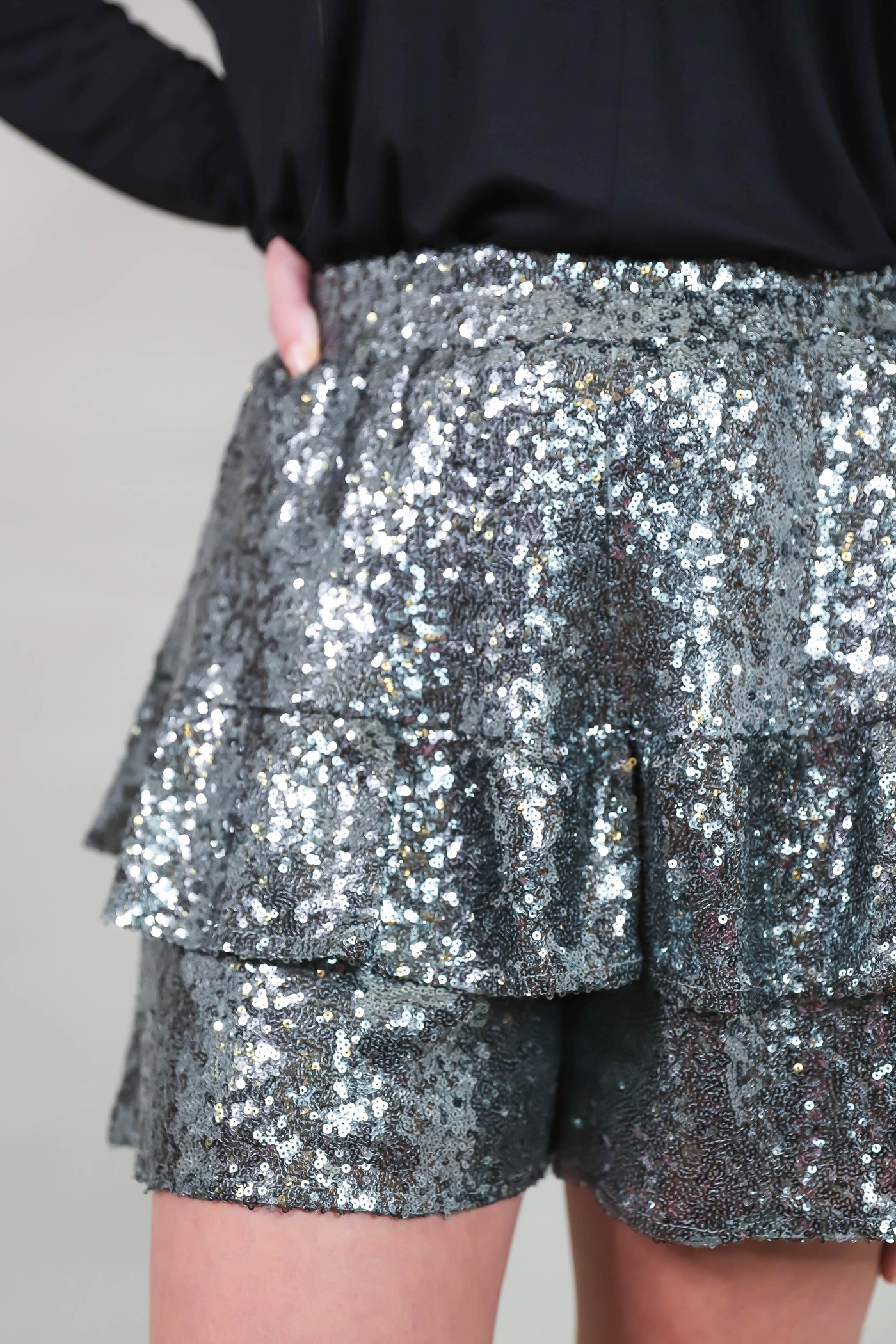 Silver Sequin Shorts- Elastic Sequin Shorts