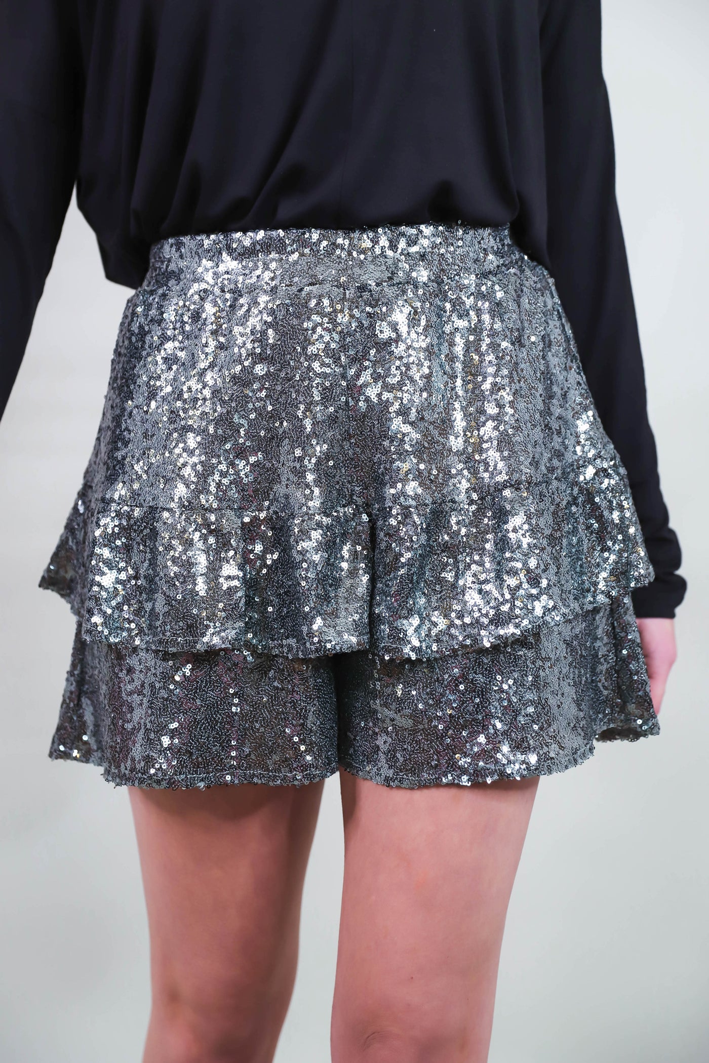 Silver Sequin Shorts- Elastic Sequin Shorts