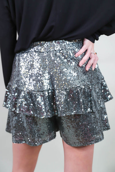 Silver Sequin Shorts- Elastic Sequin Shorts