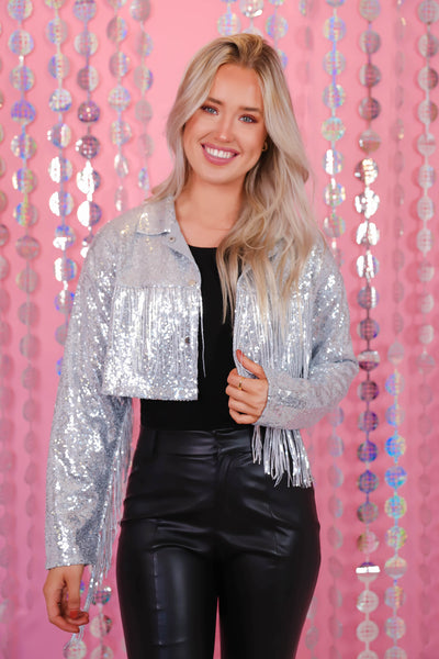 Silver Sequin Jacket- Sequin Fringe Jacket- Women's Fun Sequin Jacket