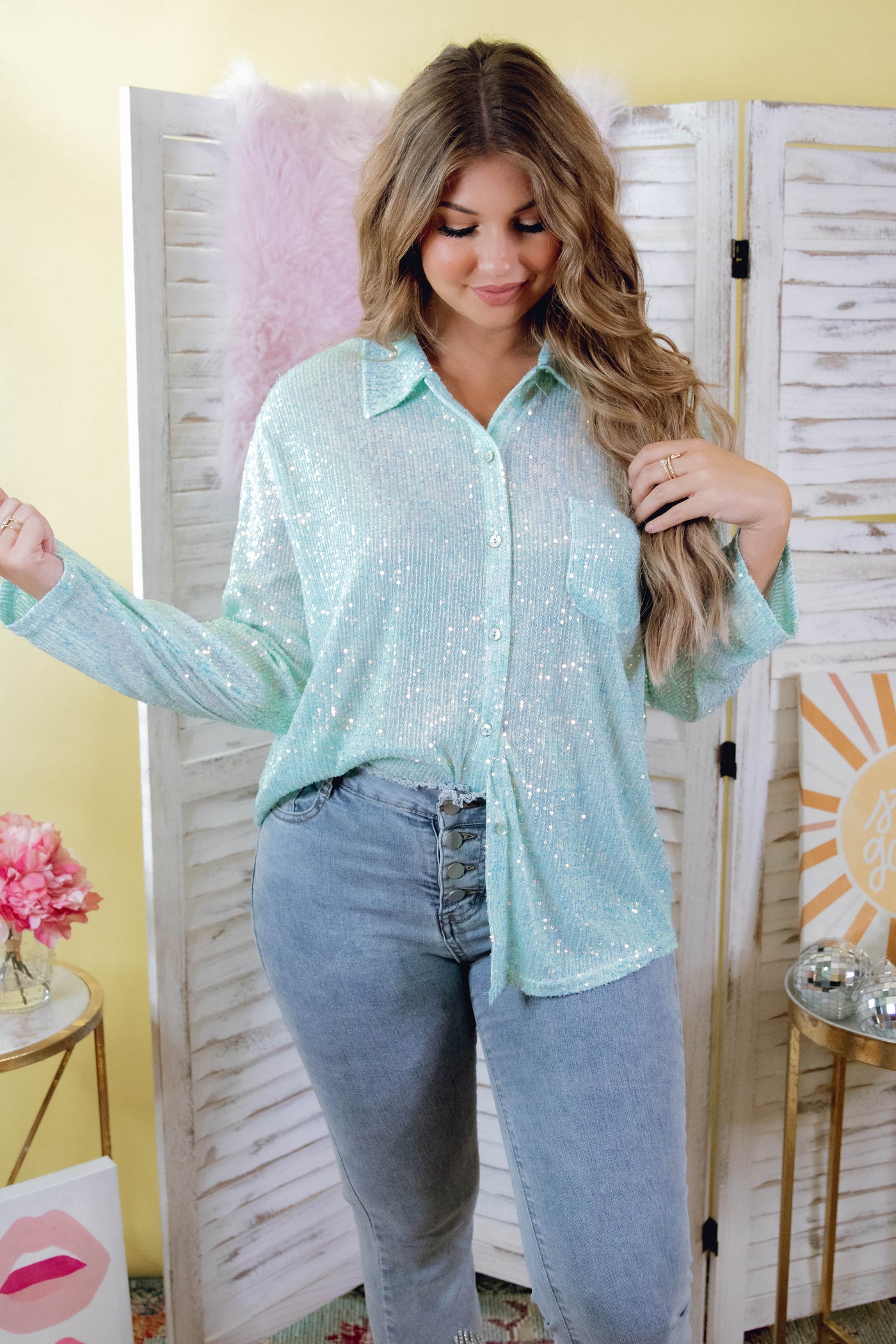 Sequin Mint Button Down- Women's Full Sequin Top- Fun Sequin Shirt- POL Sequin Top