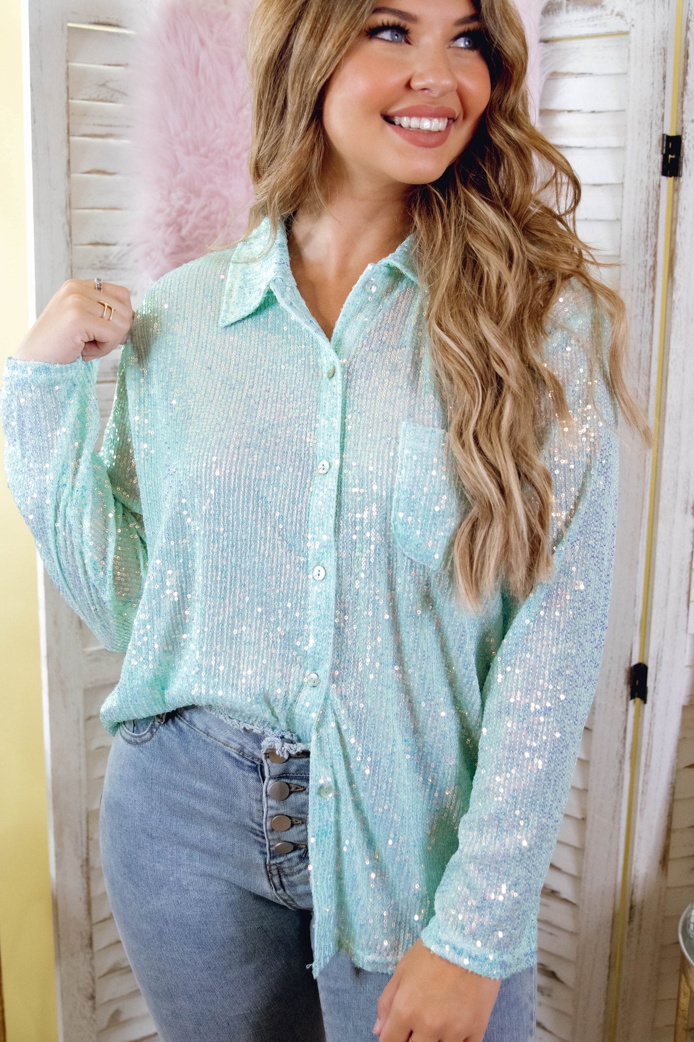 Sequin Mint Button Down- Women's Full Sequin Top- Fun Sequin Shirt- POL Sequin Top