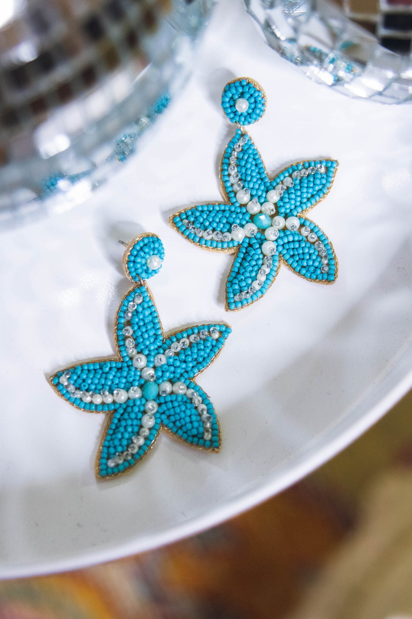 Beaded Starfish Earrings- Turquoise and Pearl Earrings- Vacation Statement Earrings