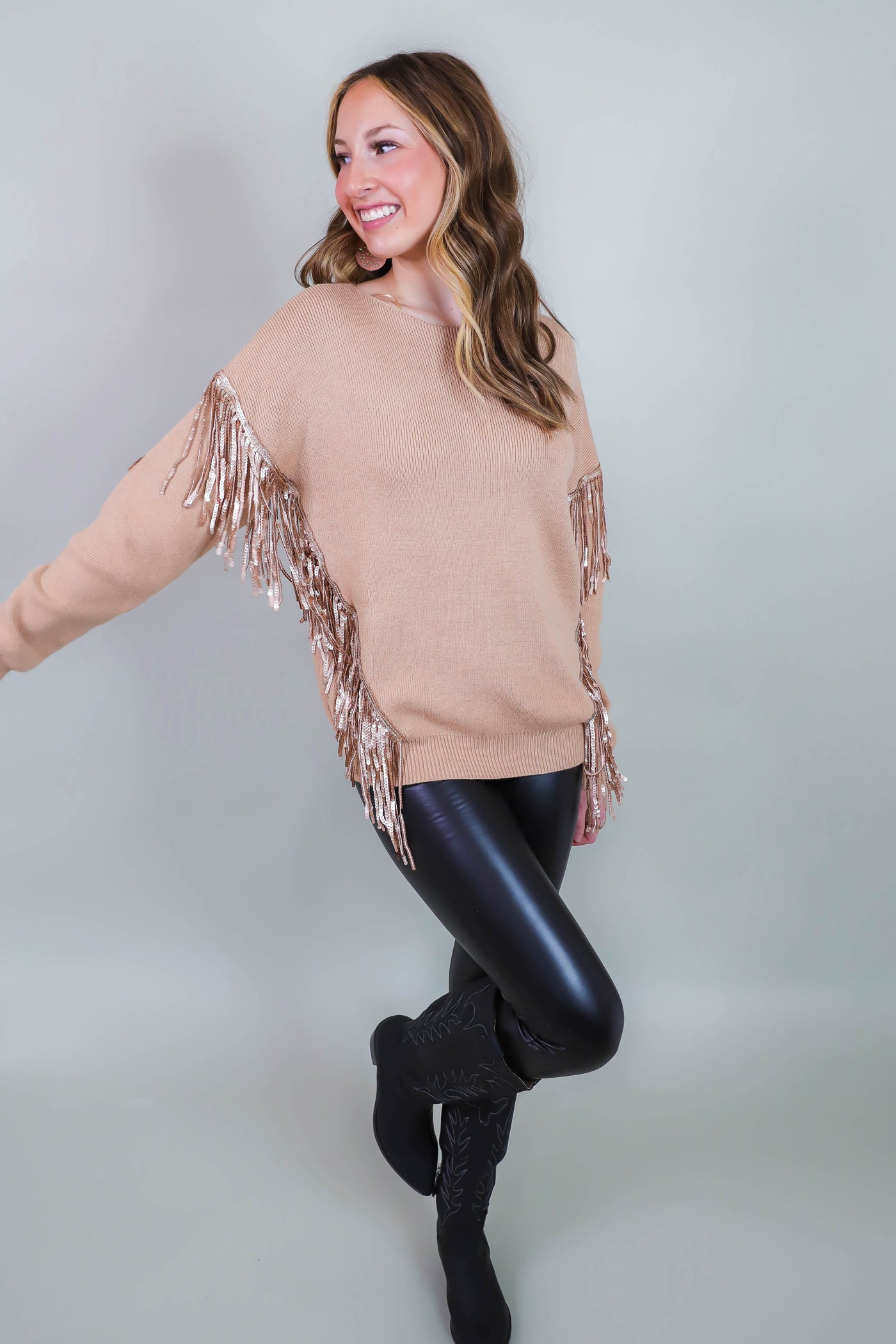 Gold Fringe Sweater- Women's Sequin Sweater- 143 Story Sweaters