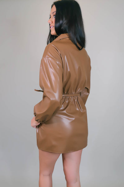 Brown Faux Leather Dress- Trendy Leather Dress- Chic Workwear Dress- &Merci Dress