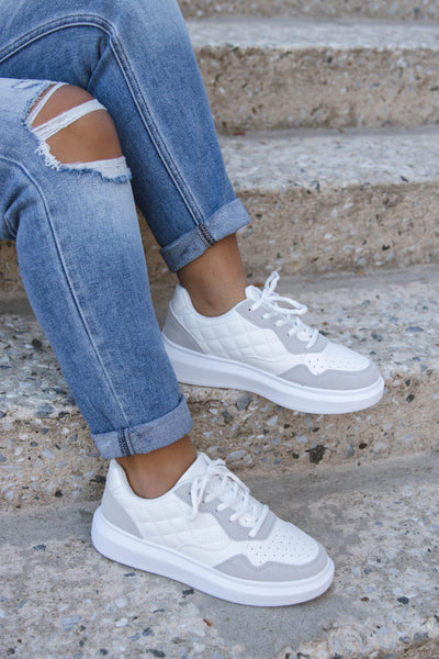 White Quilted Sneakers- Trendy White Platform Sneakers- $34