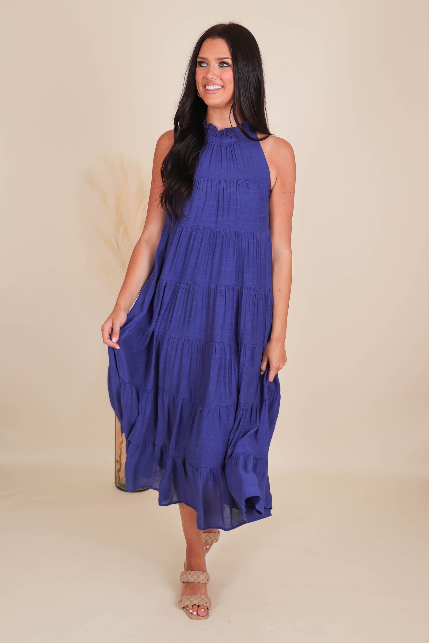 Chic High Neck Maxi Dress- Navy Tiered Maxi- Entro Maxi