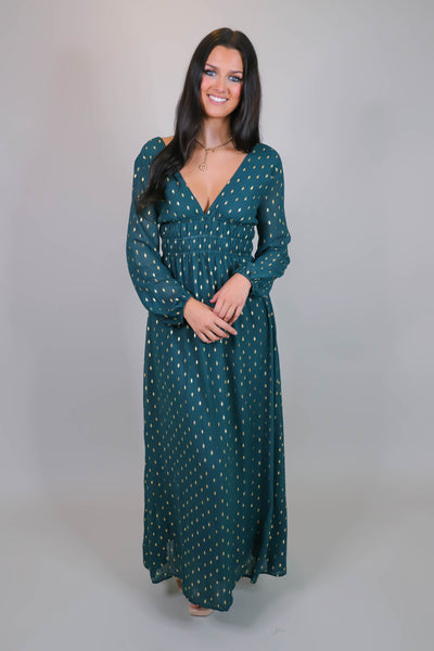 Hunter Green Maxi Dress- Elegant Gold Maxi Dress- Formal Women's Dresses- Women's Cocktail Dresses