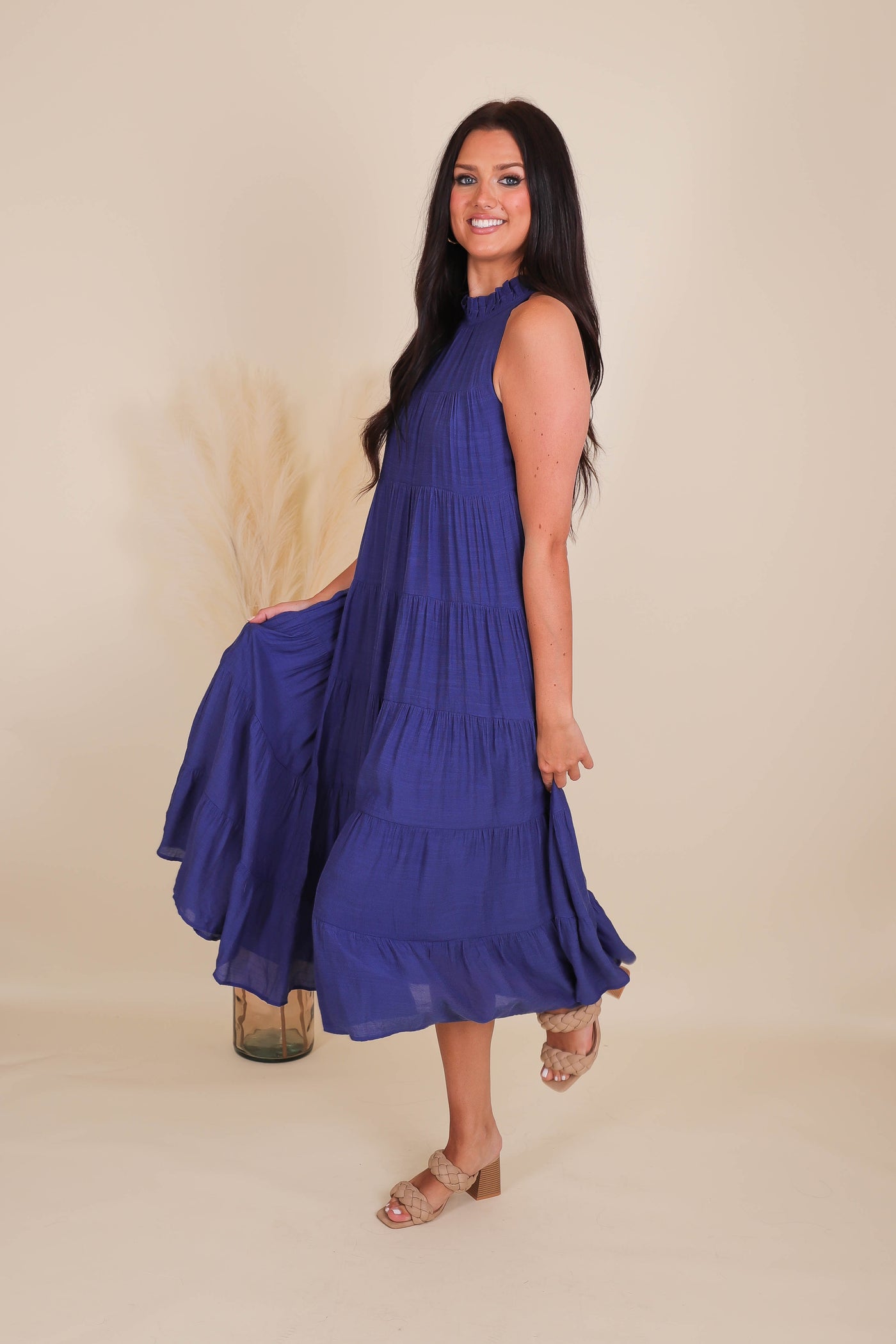 Chic High Neck Maxi Dress- Navy Tiered Maxi- Entro Maxi