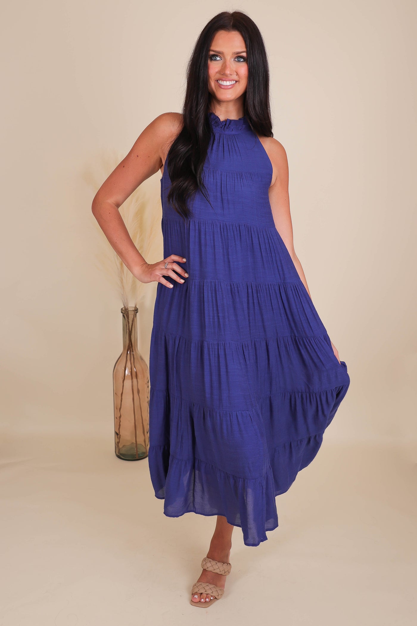 Chic High Neck Maxi Dress- Navy Tiered Maxi- Entro Maxi