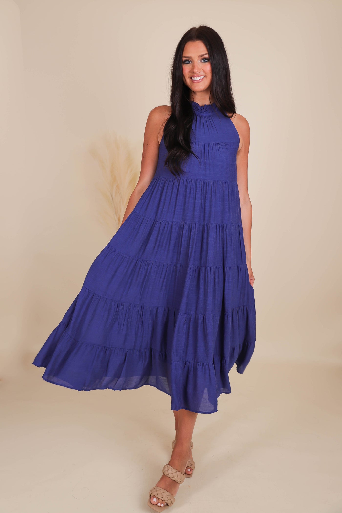 Chic High Neck Maxi Dress- Navy Tiered Maxi- Entro Maxi