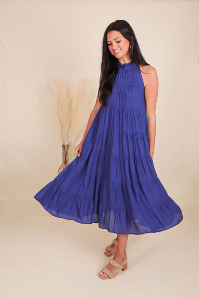 Chic High Neck Maxi Dress- Navy Tiered Maxi- Entro Maxi