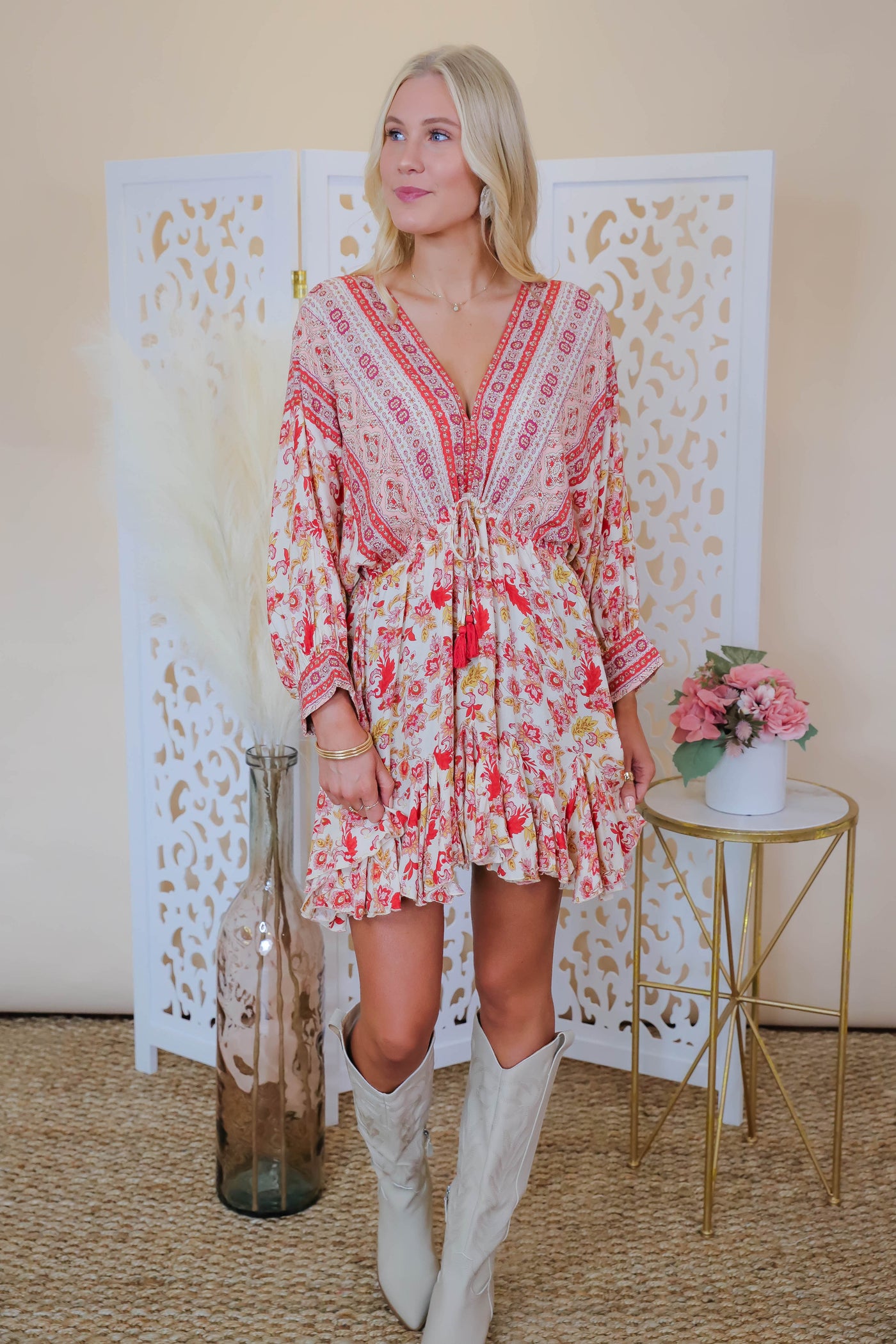 Short Boho Dress- Resort Style Dress- Printed Dress with Tassels- Aakaa Dress