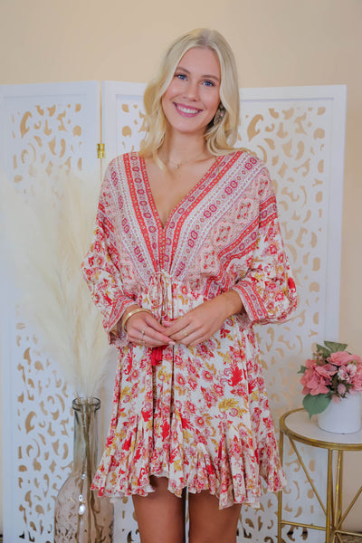 Short Boho Dress- Resort Style Dress- Printed Dress with Tassels- Aakaa Dress